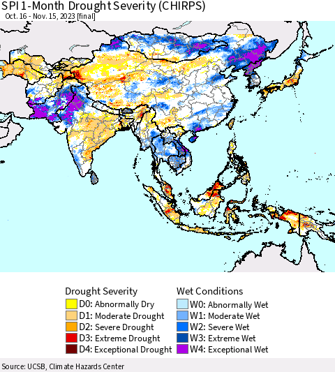 Asia SPI 1-Month Drought Severity (CHIRPS) Thematic Map For 10/16/2023 - 11/15/2023
