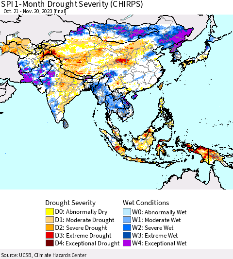 Asia SPI 1-Month Drought Severity (CHIRPS) Thematic Map For 10/21/2023 - 11/20/2023