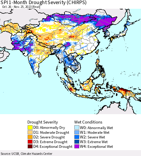 Asia SPI 1-Month Drought Severity (CHIRPS) Thematic Map For 10/26/2023 - 11/25/2023
