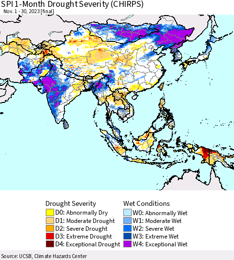 Asia SPI 1-Month Drought Severity (CHIRPS) Thematic Map For 11/1/2023 - 11/30/2023