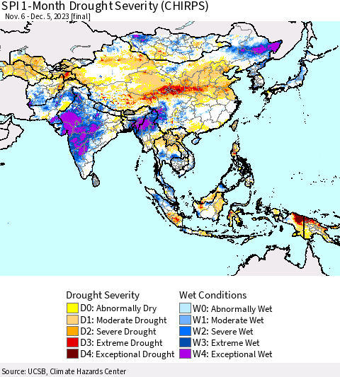 Asia SPI 1-Month Drought Severity (CHIRPS) Thematic Map For 11/6/2023 - 12/5/2023