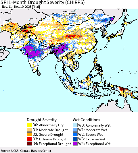 Asia SPI 1-Month Drought Severity (CHIRPS) Thematic Map For 11/11/2023 - 12/10/2023