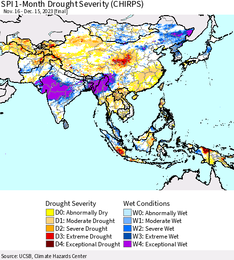 Asia SPI 1-Month Drought Severity (CHIRPS) Thematic Map For 11/16/2023 - 12/15/2023