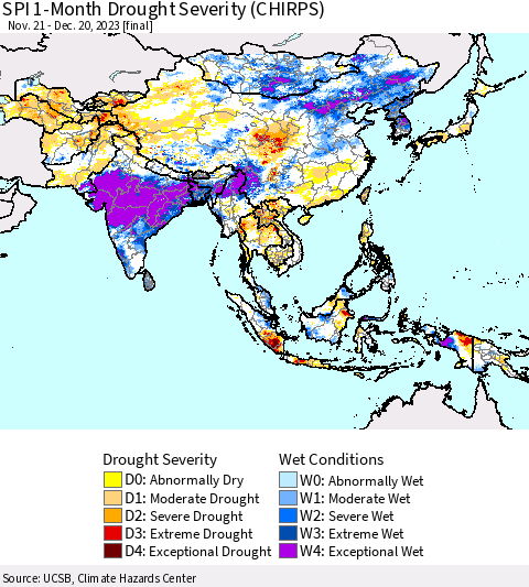 Asia SPI 1-Month Drought Severity (CHIRPS) Thematic Map For 11/21/2023 - 12/20/2023