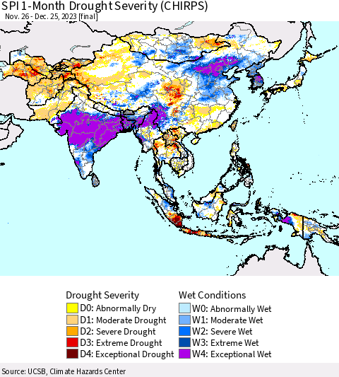 Asia SPI 1-Month Drought Severity (CHIRPS) Thematic Map For 11/26/2023 - 12/25/2023