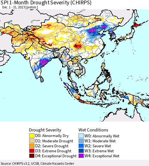 Asia SPI 1-Month Drought Severity (CHIRPS) Thematic Map For 12/1/2023 - 12/31/2023