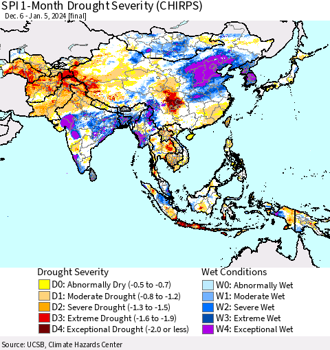 Asia SPI 1-Month Drought Severity (CHIRPS) Thematic Map For 12/6/2023 - 1/5/2024