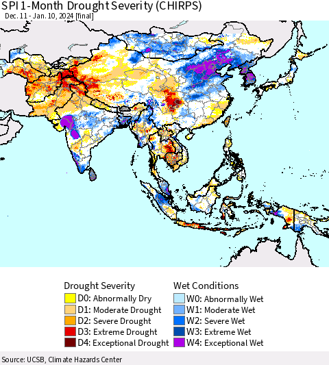 Asia SPI 1-Month Drought Severity (CHIRPS) Thematic Map For 12/11/2023 - 1/10/2024