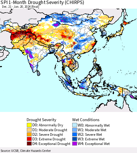 Asia SPI 1-Month Drought Severity (CHIRPS) Thematic Map For 12/21/2023 - 1/20/2024