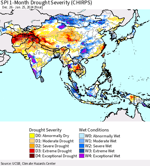 Asia SPI 1-Month Drought Severity (CHIRPS) Thematic Map For 12/26/2023 - 1/25/2024