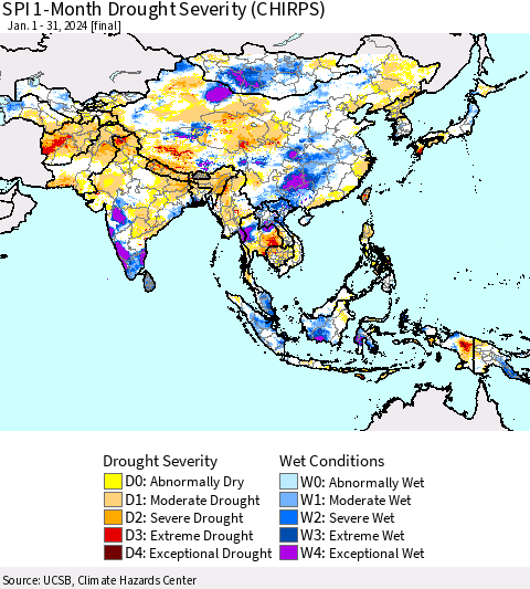 Asia SPI 1-Month Drought Severity (CHIRPS) Thematic Map For 1/1/2024 - 1/31/2024