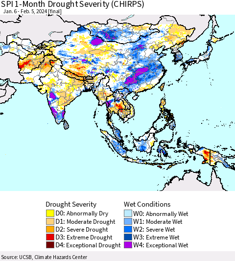 Asia SPI 1-Month Drought Severity (CHIRPS) Thematic Map For 1/6/2024 - 2/5/2024