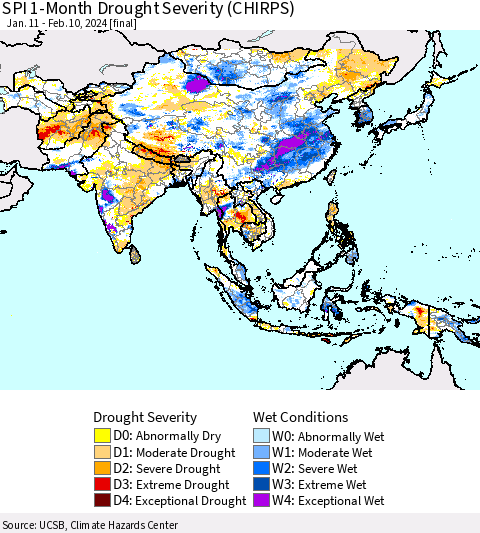 Asia SPI 1-Month Drought Severity (CHIRPS) Thematic Map For 1/11/2024 - 2/10/2024