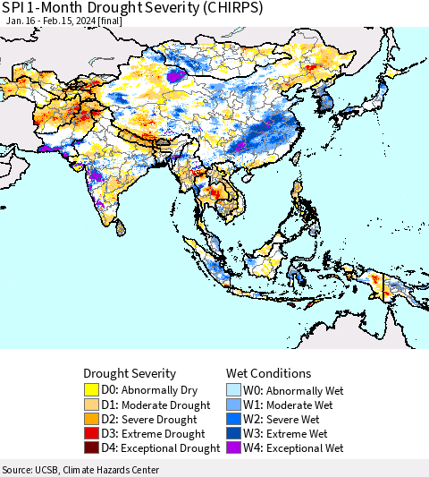 Asia SPI 1-Month Drought Severity (CHIRPS) Thematic Map For 1/16/2024 - 2/15/2024