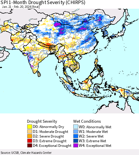 Asia SPI 1-Month Drought Severity (CHIRPS) Thematic Map For 1/21/2024 - 2/20/2024