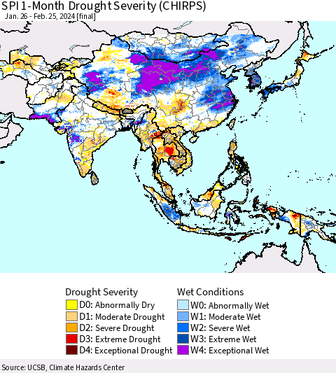 Asia SPI 1-Month Drought Severity (CHIRPS) Thematic Map For 1/26/2024 - 2/25/2024