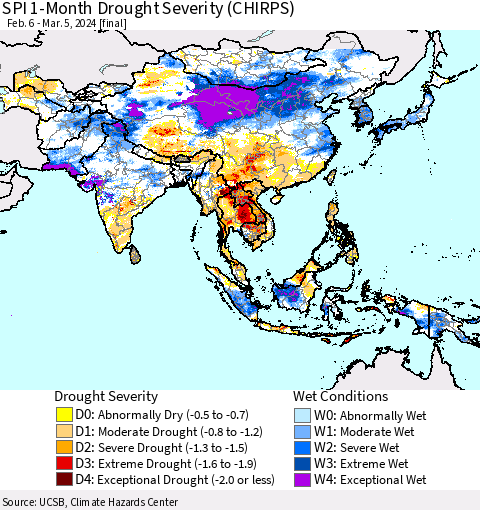 Asia SPI 1-Month Drought Severity (CHIRPS) Thematic Map For 2/6/2024 - 3/5/2024
