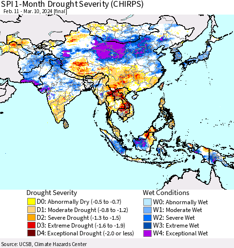 Asia SPI 1-Month Drought Severity (CHIRPS) Thematic Map For 2/11/2024 - 3/10/2024
