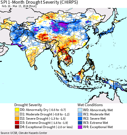 Asia SPI 1-Month Drought Severity (CHIRPS) Thematic Map For 2/16/2024 - 3/15/2024