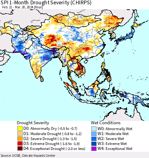 Asia SPI 1-Month Drought Severity (CHIRPS) Thematic Map For 2/21/2024 - 3/20/2024