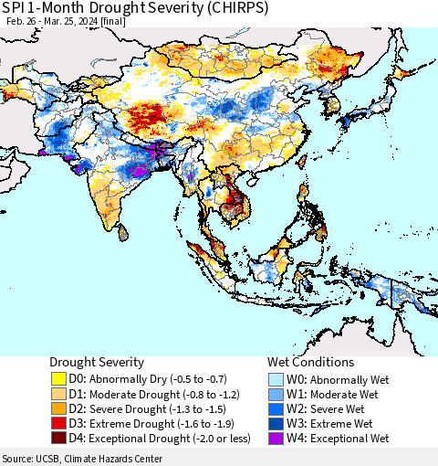 Asia SPI 1-Month Drought Severity (CHIRPS) Thematic Map For 2/26/2024 - 3/25/2024
