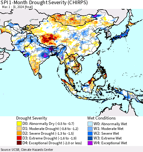 Asia SPI 1-Month Drought Severity (CHIRPS) Thematic Map For 3/1/2024 - 3/31/2024