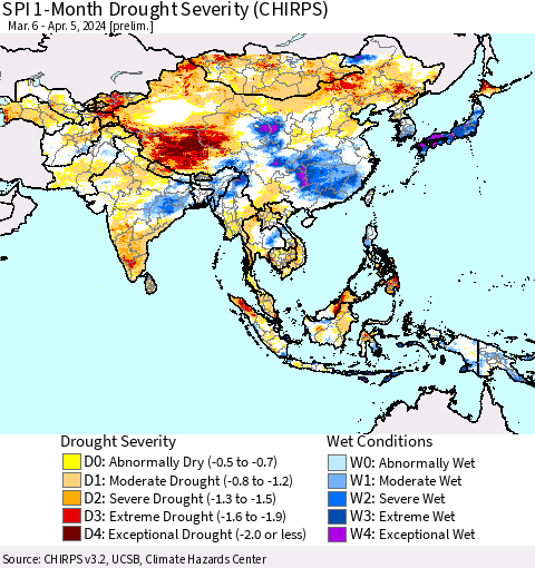 Asia SPI 1-Month Drought Severity (CHIRPS) Thematic Map For 3/6/2024 - 4/5/2024