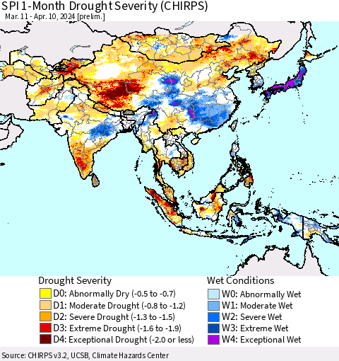 Asia SPI 1-Month Drought Severity (CHIRPS) Thematic Map For 3/11/2024 - 4/10/2024
