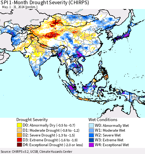 Asia SPI 1-Month Drought Severity (CHIRPS) Thematic Map For 5/1/2024 - 5/31/2024