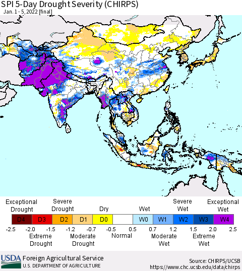 Asia SPI 5-Day Drought Severity (CHIRPS) Thematic Map For 1/1/2022 - 1/5/2022