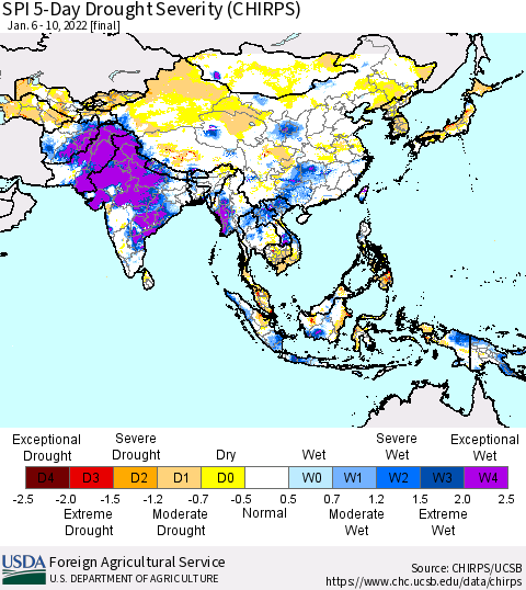 Asia SPI 5-Day Drought Severity (CHIRPS) Thematic Map For 1/6/2022 - 1/10/2022