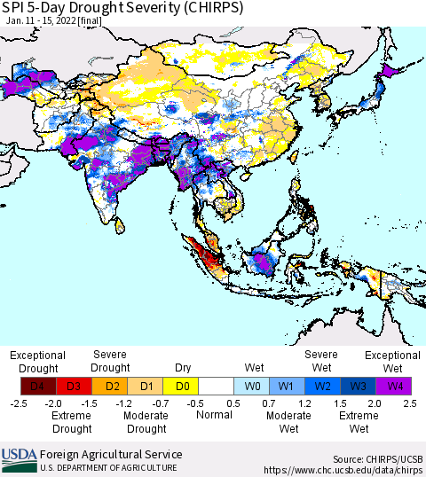 Asia SPI 5-Day Drought Severity (CHIRPS) Thematic Map For 1/11/2022 - 1/15/2022