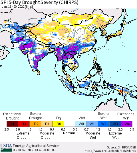 Asia SPI 5-Day Drought Severity (CHIRPS) Thematic Map For 1/16/2022 - 1/20/2022