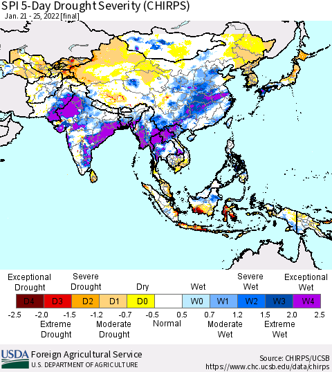 Asia SPI 5-Day Drought Severity (CHIRPS) Thematic Map For 1/21/2022 - 1/25/2022