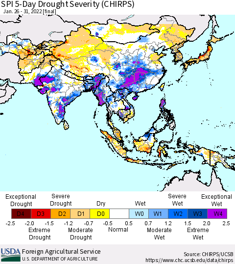 Asia SPI 5-Day Drought Severity (CHIRPS) Thematic Map For 1/26/2022 - 1/31/2022