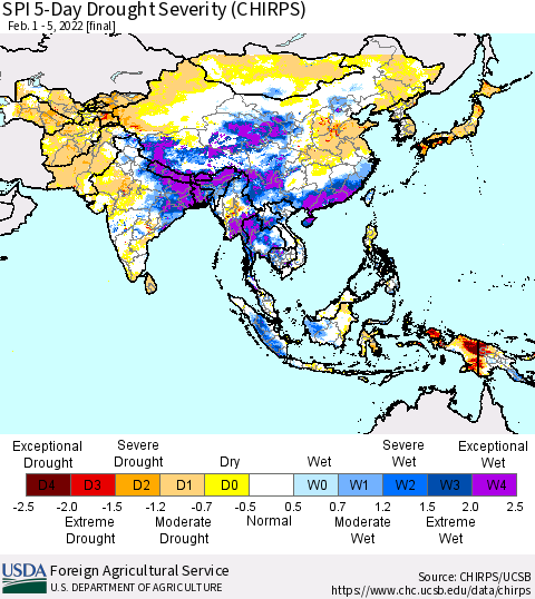 Asia SPI 5-Day Drought Severity (CHIRPS) Thematic Map For 2/1/2022 - 2/5/2022