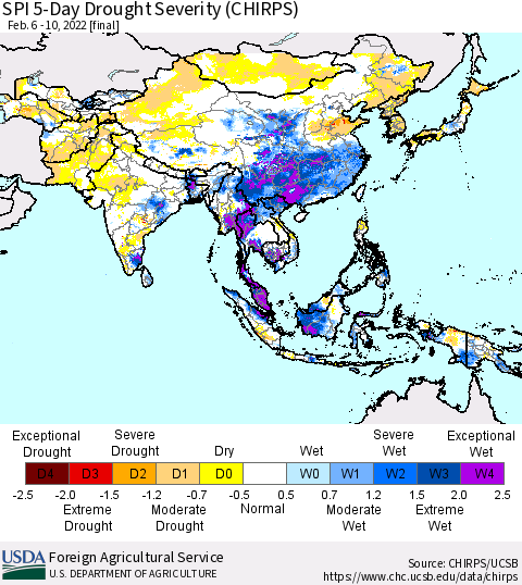 Asia SPI 5-Day Drought Severity (CHIRPS) Thematic Map For 2/6/2022 - 2/10/2022