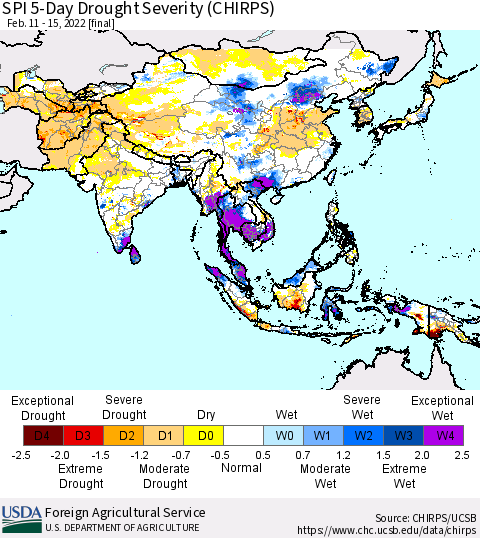 Asia SPI 5-Day Drought Severity (CHIRPS) Thematic Map For 2/11/2022 - 2/15/2022
