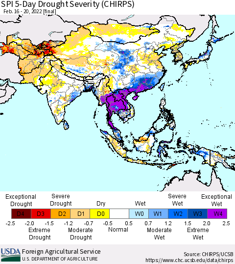 Asia SPI 5-Day Drought Severity (CHIRPS) Thematic Map For 2/16/2022 - 2/20/2022