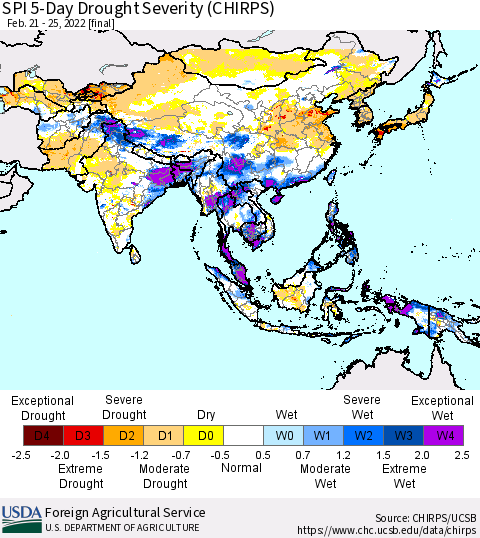 Asia SPI 5-Day Drought Severity (CHIRPS) Thematic Map For 2/21/2022 - 2/25/2022