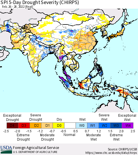 Asia SPI 5-Day Drought Severity (CHIRPS) Thematic Map For 2/26/2022 - 2/28/2022