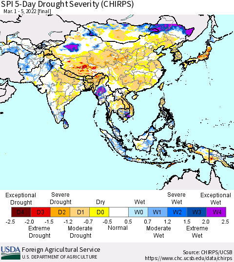 Asia SPI 5-Day Drought Severity (CHIRPS) Thematic Map For 3/1/2022 - 3/5/2022