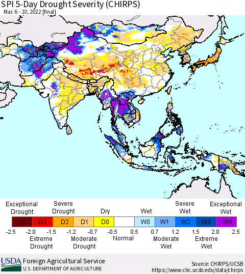 Asia SPI 5-Day Drought Severity (CHIRPS) Thematic Map For 3/6/2022 - 3/10/2022