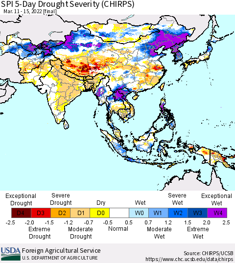 Asia SPI 5-Day Drought Severity (CHIRPS) Thematic Map For 3/11/2022 - 3/15/2022