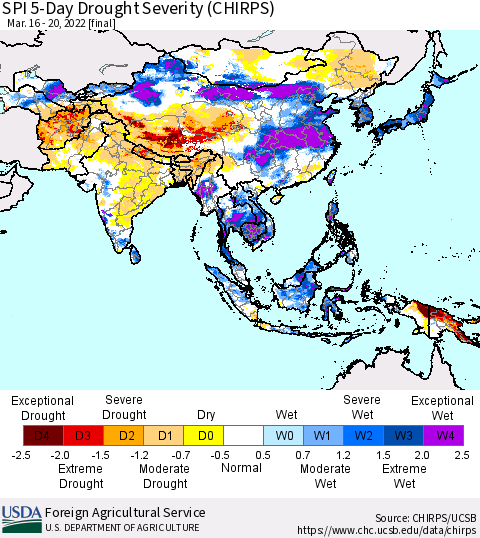 Asia SPI 5-Day Drought Severity (CHIRPS) Thematic Map For 3/16/2022 - 3/20/2022