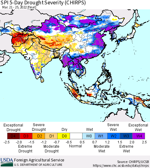 Asia SPI 5-Day Drought Severity (CHIRPS) Thematic Map For 3/21/2022 - 3/25/2022