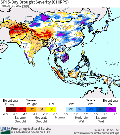 Asia SPI 5-Day Drought Severity (CHIRPS) Thematic Map For 3/26/2022 - 3/31/2022