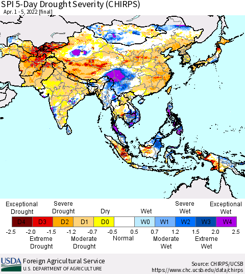 Asia SPI 5-Day Drought Severity (CHIRPS) Thematic Map For 4/1/2022 - 4/5/2022