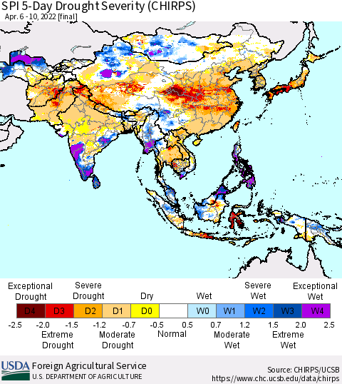 Asia SPI 5-Day Drought Severity (CHIRPS) Thematic Map For 4/6/2022 - 4/10/2022