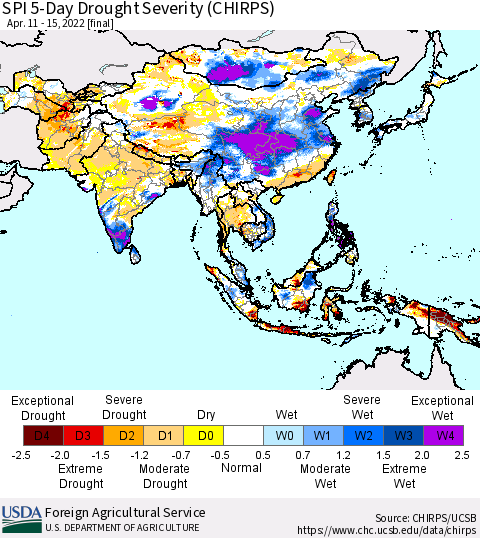 Asia SPI 5-Day Drought Severity (CHIRPS) Thematic Map For 4/11/2022 - 4/15/2022